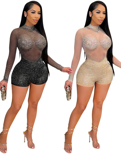Load image into Gallery viewer, Round Neck Long Sleeve Nightclub Party Hot Drilling See-through Jumpsuit
