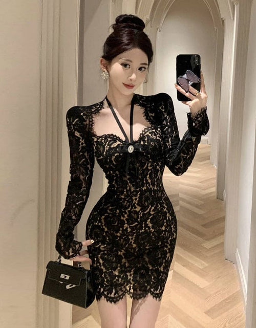 Load image into Gallery viewer, Hong Kong Style Lace Positioning Flower Irregular Halter Sheath Dress Ladies
