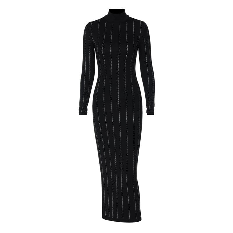 Winter New Fashionable Elegant Rhinestone Slim Fit Turtleneck Long Sleeve Dress Ladies
