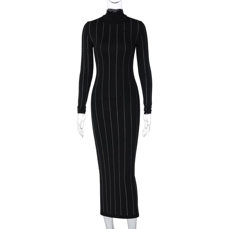 Winter New Fashionable Elegant Rhinestone Slim Fit Turtleneck Long Sleeve Dress Ladies