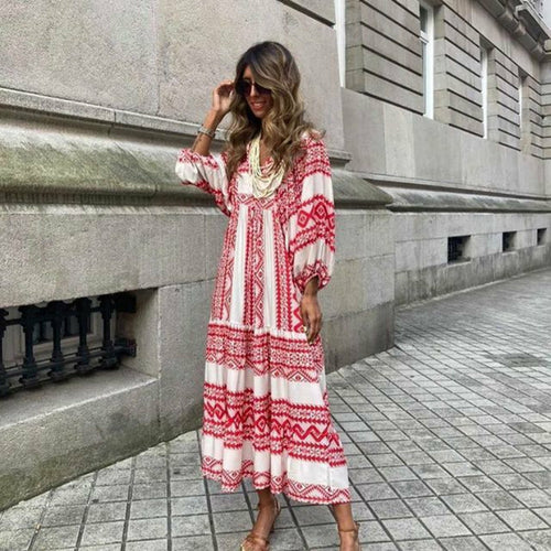 Load image into Gallery viewer, Puff Sleeve Boho Maxi Dress Floral Drawstring V-Neck Loose Holiday
