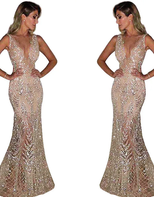 Load image into Gallery viewer, Women Party Evening Dress Women&#39;s Long Sleeveless Sexy Deep V Sequins
