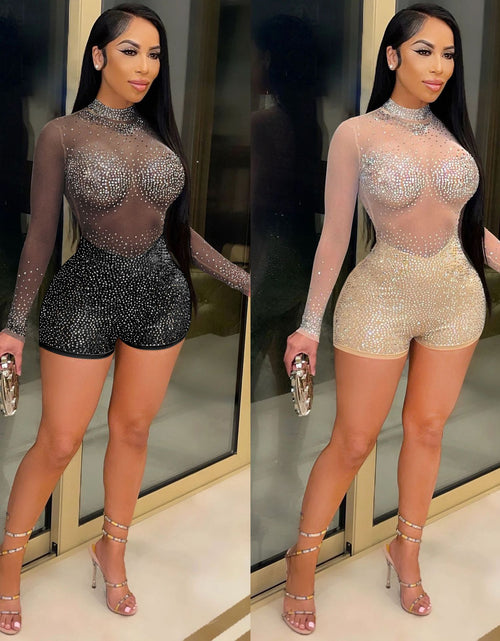 Load image into Gallery viewer, Round Neck Long Sleeve Nightclub Party Hot Drilling See-through Jumpsuit
