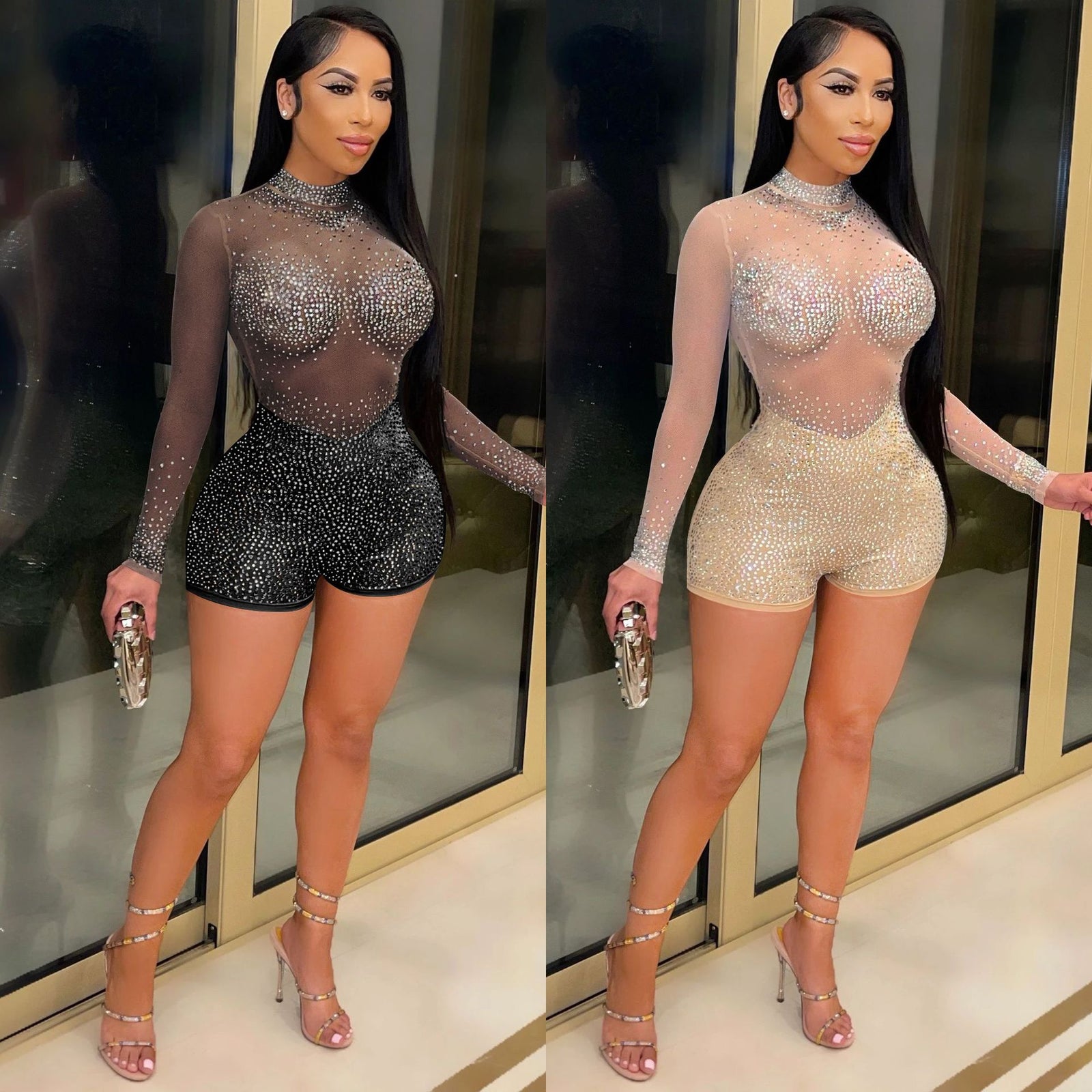 Round Neck Long Sleeve Nightclub Party Hot Drilling See-through Jumpsuit