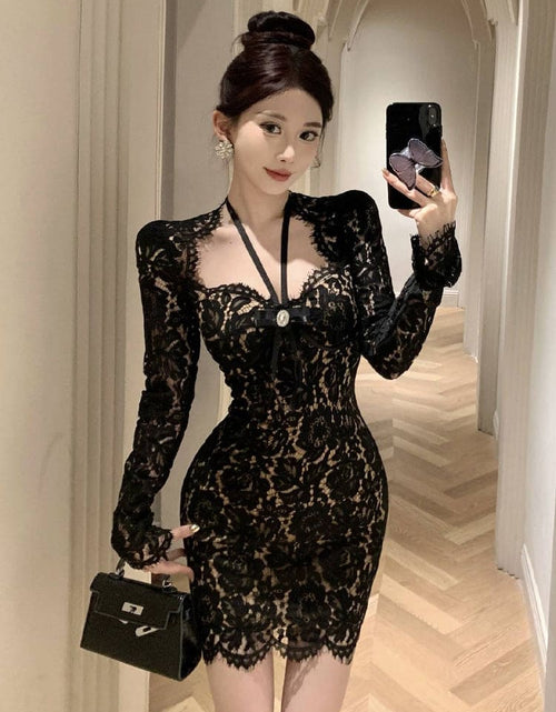 Load image into Gallery viewer, Hong Kong Style Lace Positioning Flower Irregular Halter Sheath Dress Ladies
